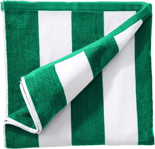 Great Bay Home 100% Cotton Velour Oversized 35" x 70" Beach Towel - Green Cabana Stripe Pool Towels - Quick Dry, Large Swim Towels for Adults and Kids