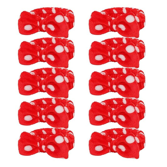 10 Pcs Red Dot Makeup Headbands, Spa Gifts for Women Girls, Soft Coral Fleece Skincare Headband, Bow Hair Bands, Beauty Headbands for Face Washing Shower Skin Care Yoga