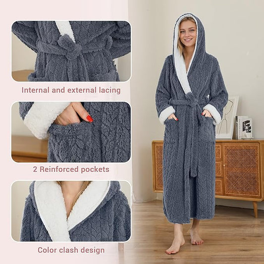 LYCY Plush Full-Length Hooded Robe for Women, Warm Winter Fleece Bathrobe with Pockets