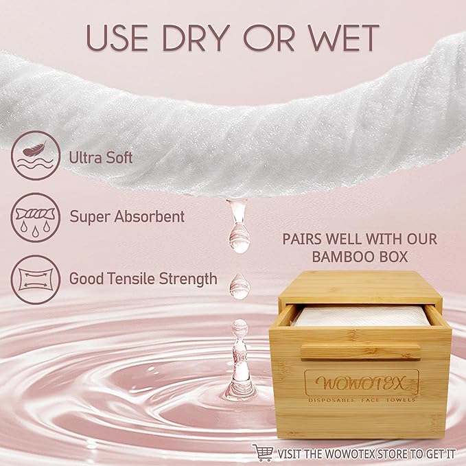 100% Cotton Disposable Face Towel 200 Count 10x12 Inch | Biodegradable Thick Soft One Time Use Dry Wipes for Sensitive Skin, Baby Care, Facial Cleaning, Makeup Removal