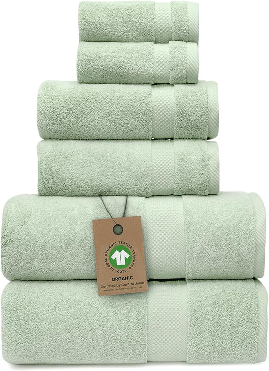 100% Organic Zero-Twist Cotton Towels - GOTS Certified Luxury Bath Towels - Ultra Soft & Plush 700GSM Long-Staple Cotton - 6 Piece Towel Set (Eucalyptus Green)