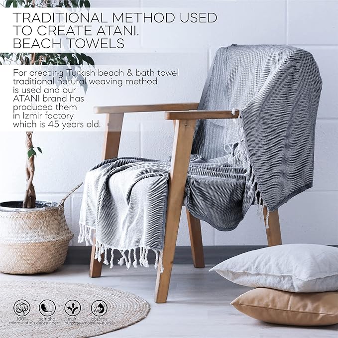 ATANI 69x35 in Oversized Turkish Beach Towel Set with Tote Bag – Quick-Dry 100% Turkish Cotton Peshtemal, Sand-Resistant, Lightweight for Shower, Travel, Pool, Yoga (Black)