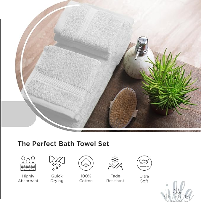 100% Combed Cotton Bathroom Towel Set of 3- 1 Bath Towel, 1 Hand Towel, 1 Wash Cloth, Sustainable, Soft, Highly Absorbent 3 Piece Cotton Bath Towel Set Ideal for Hotels, Spa, Bathroom, Dorm, White