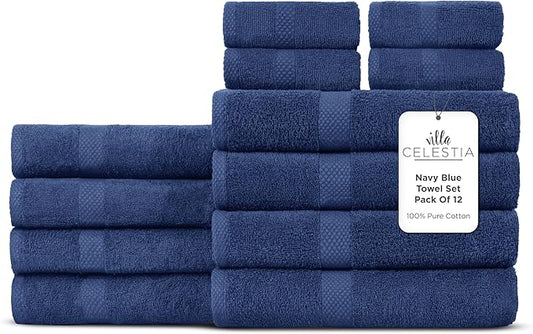 100% Cotton Bath Towel Set of 12-4 Bath Towels, 4 Hand Towels, 4 Wash Cloths, Sustainable, Soft, Highly Absorbent, Combed Cotton 12 Piece Set for Hotels, Spa, Bathroom, Dorm, Navy Blue