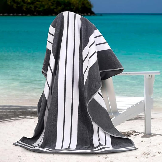 Superior Oversized Cotton Beach Towel Set of 4, Absorbent Towels For Bathroom, Beach, Pool, Swim, Adults, Kids, Vacation, Travel, Bath Sheet, Quick Dry Basics, Trip Essentials, Striped Decor, Charcoal