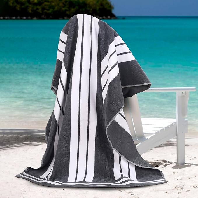 Superior Oversized Cotton Beach Towel Set of 2, Absorbent Towels For Bathroom, Beach, Pool, Swim, Adults, Kids, Vacation, Travel, Bath Sheet, Quick Dry Basics, Trip Essentials, Striped Decor, Charcoal