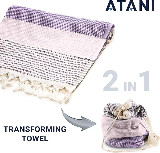 ATANI Turkish Beach Towel (71x39 Inches), Converts to a Bag, Oversized 100% Cotton Bath Towels Lightweight Quick-Dry Beach Blanket for Travel, Picnic, Camping, Yoga and Pool (Lavender)