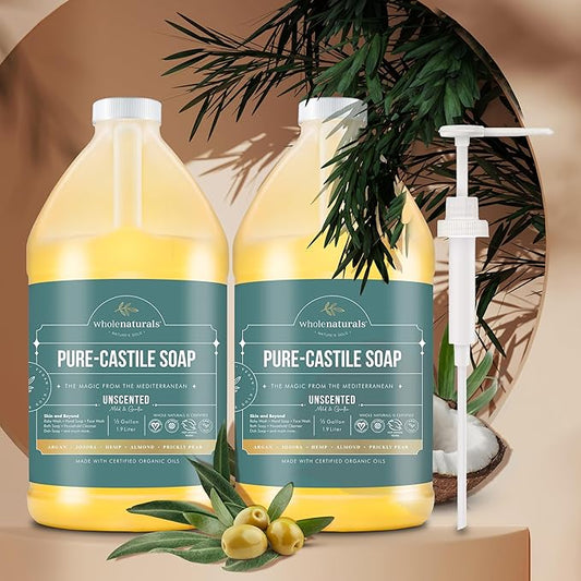 Pure Castile Soap Liquid, EWG Verified & Certified Palm Oil Free Unscented, Natural, Mild & Gentle Non-gmo & Vegan - Organic Body Wash, Laundry, Pet/Dog and Baby Soap -Pack of 2 w/pump