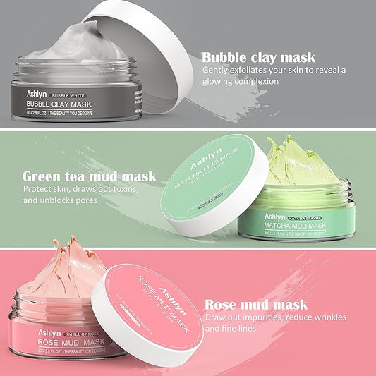 Aislin 3-Piece Mud Mask Set, Green Tea Mud Mask, Rose Mask Skincare Series, Dead Sea Foaming Deep Cleansing Mask, Firming Oil Control, Pore-Minimizing Skincare, 8.46 oz