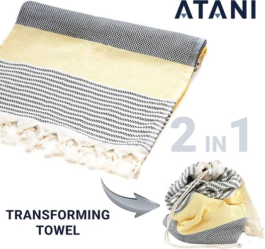ATANI Turkish Beach Towel (71x39 Inches), Converts to a Bag, Oversized 100% Cotton Bath Towels Lightweight Quick-Dry Beach Blanket for Travel, Picnic, Camping, Yoga and Pool (Black x Yellow)