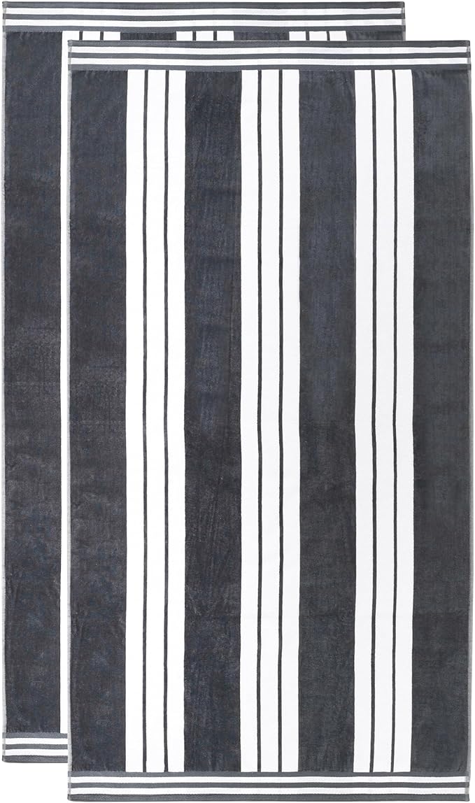 Superior Oversized Cotton Beach Towel Set of 2, Absorbent Towels For Bathroom, Beach, Pool, Swim, Adults, Kids, Vacation, Travel, Bath Sheet, Quick Dry Basics, Trip Essentials, Striped Decor, Charcoal