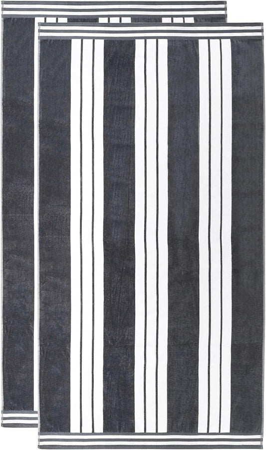 Superior Oversized Cotton Beach Towel Set of 2, Absorbent Towels For Bathroom, Beach, Pool, Swim, Adults, Kids, Vacation, Travel, Bath Sheet, Quick Dry Basics, Trip Essentials, Striped Decor, Charcoal