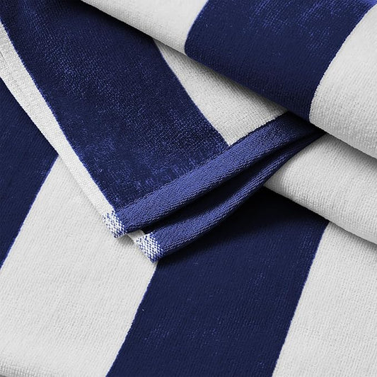 Great Bay Home 100% Cotton Velour Oversized 35" x 70" Beach Towel - Navy Cabana Stripe Pool Towels - Quick Dry, Large Swim Towels for Adults and Kids