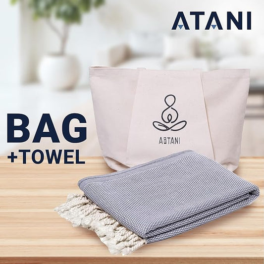 ATANI 69x35 in Oversized Turkish Beach Towel Set with Tote Bag – Quick-Dry 100% Turkish Cotton Peshtemal, Sand-Resistant, Lightweight for Shower, Travel, Pool, Yoga (Grey)