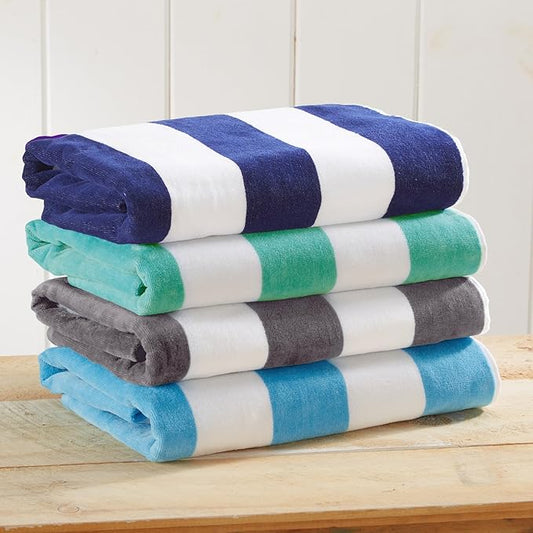 Great Bay Home 100% Cotton Velour Oversized 4 Pack Beach Towels 35" x 70" - Cabana Pool Towels - Quick Dry, Large Swim Towels for Adults and Kids (Charcoal Grey, Navy, Teal, Air Blue).