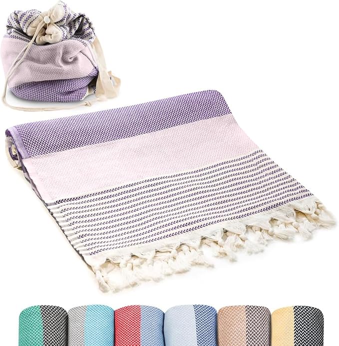 ATANI Turkish Beach Towel (71x39 Inches), Converts to a Bag, Oversized 100% Cotton Bath Towels Lightweight Quick-Dry Beach Blanket for Travel, Picnic, Camping, Yoga and Pool (Lavender)