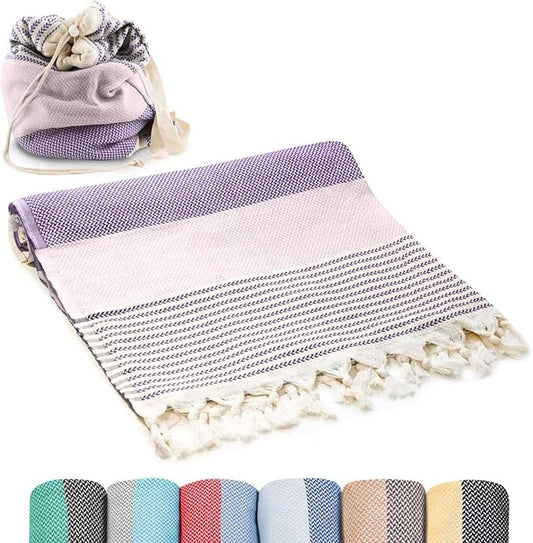 ATANI Turkish Beach Towel (71x39 Inches), Converts to a Bag, Oversized 100% Cotton Bath Towels Lightweight Quick-Dry Beach Blanket for Travel, Picnic, Camping, Yoga and Pool (Lavender)