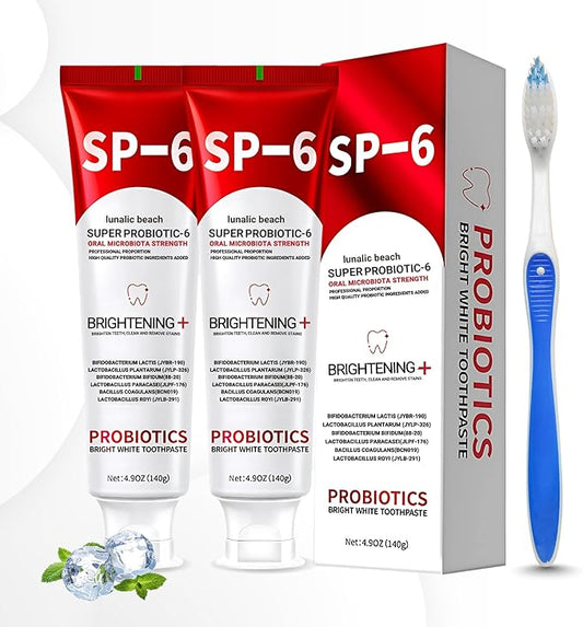 2PCS SP 6 Toothpaste for Teeth Brightening & Fresh Breath, 6 Probiotics Formula for Gum Health, Fluoride-Free, Mint Fresh Flavor, 4.9 oz (3, Mint)