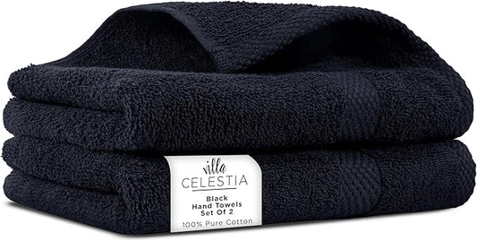 100% Cotton Hand Towel Set of 2, (16 x 28 inches) Sustainable, Soft, Highly Absorbent, Quick Drying, Combed Cotton Hand Towels Pack of 2 Ideal for Hotels, Spa, Bathroom, Dorm, Black