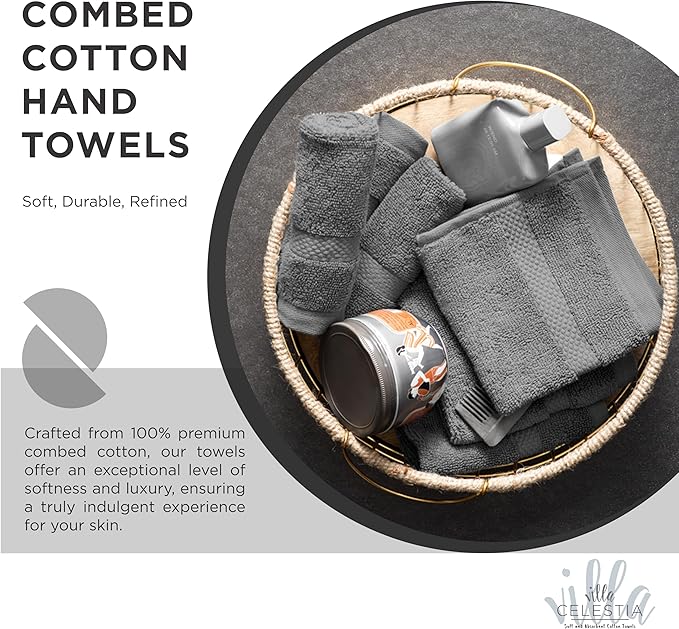 100% Cotton Hand Towel Set of 2, (16 x 28 inches) Sustainable, Soft, Highly Absorbent, Quick Drying, Combed Cotton Hand Towels Pack of 2 Ideal for Hotels, Spa, Bathroom, Dorm, Grey