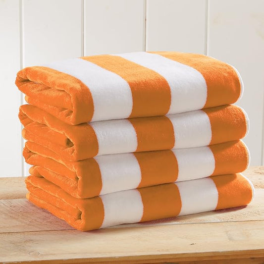 Great Bay Home 100% Cotton Velour Oversized 4 Pack Beach Towels 35" x 70" - Orange Cabana Pool Towels - Quick Dry, Large Swim Towels for Adults and Kids