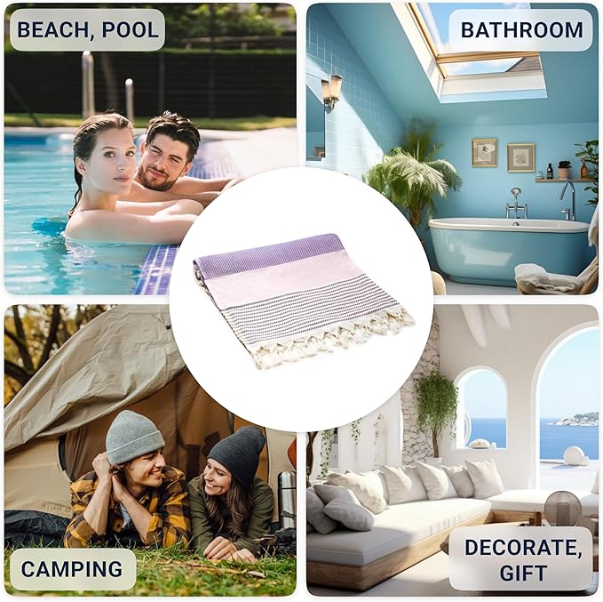 ATANI Turkish Beach Towel (71x39 Inches), Converts to a Bag, Oversized 100% Cotton Bath Towels Lightweight Quick-Dry Beach Blanket for Travel, Picnic, Camping, Yoga and Pool (Lavender)