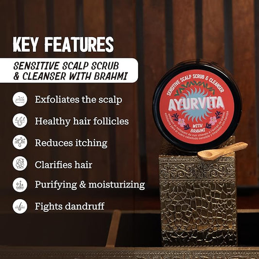 Brahmi Scrub & Cleanser – Deep Exfoliation & Cleansing – Best for Hair Care & Hair Growth - Instant Relief for Irritated Scalps – Restorating Ayurvedic Hair Exfoliator for Men & Women - 6.7oz