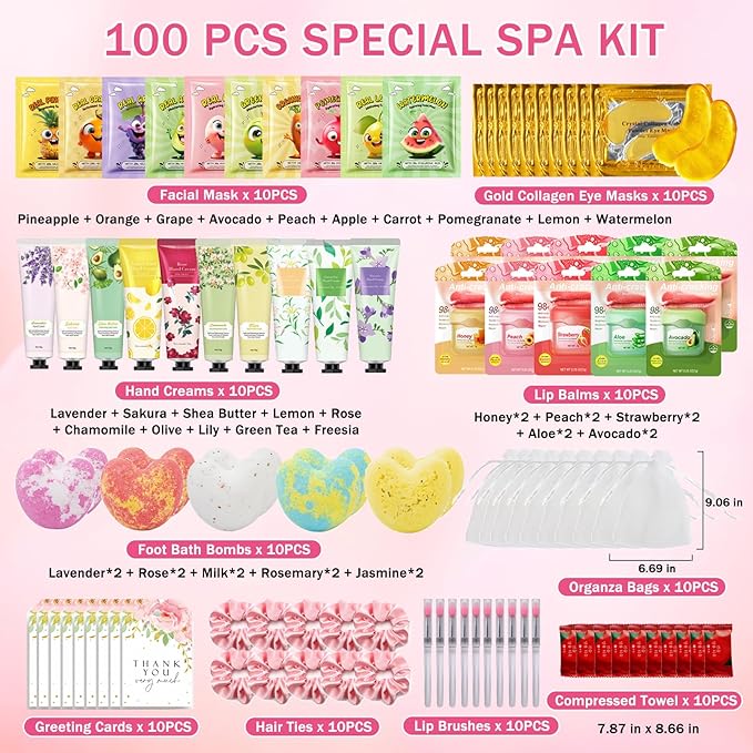 100 PCS Spa Party Supplies for Girls & Women, Facial Masks-Hand Cream-Lip Balm-Bath Bomb-Eye Mask-Compressed Towel-Hair Ties-Lip Brush-Organza Bag-Greeting Card, Sleepover Party Supplies for Girls