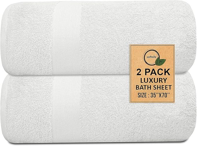 100% Cotton Luxury Bath Sheets - Pack of 2 (35" x 70") | Super Soft, Quick-Dry & Highly Absorbent Towels for Bathroom, Home, Spa & Gym (White)