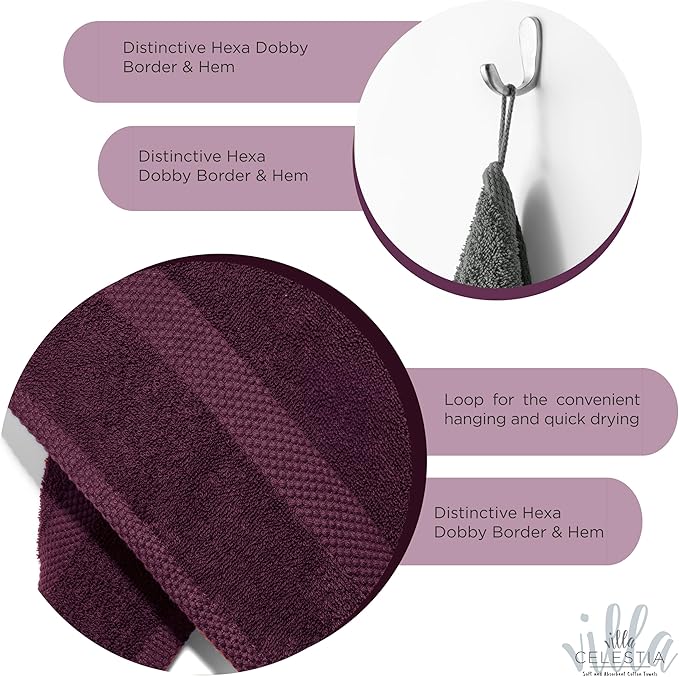 100% Cotton Hand Towel Set of 2, (16 x 28 inches) Sustainable, Soft, Highly Absorbent, Quick Drying, Combed Cotton Hand Towels Pack of 2 Ideal for Hotels, Spa, Bathroom, Dorm, Burgandy