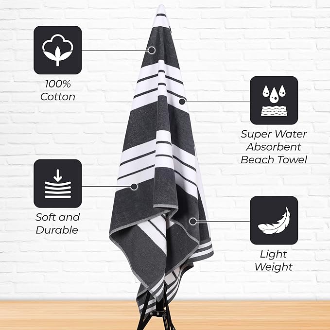 Superior Oversized Cotton Beach Towel Set of 2, Absorbent Towels For Bathroom, Beach, Pool, Swim, Adults, Kids, Vacation, Travel, Bath Sheet, Quick Dry Basics, Trip Essentials, Striped Decor, Charcoal