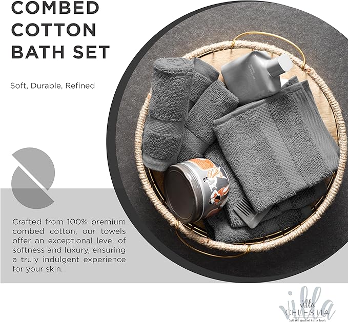 100% Combed Cotton Bathroom Towel Set of 3- 1 Bath Towel, 1 Hand Towel, 1 Wash Cloth, Sustainable, Soft, Highly Absorbent 3 Piece Cotton Bath Towel Set Ideal for Hotels, Spa, Bathroom, Dorm, Grey