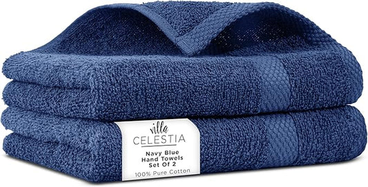 100% Cotton Hand Towel Set of 2, (16 x 28 inches) Sustainable, Soft, Highly Absorbent, Quick Drying, Combed Cotton Hand Towels Pack of 2 Ideal for Hotels, Spa, Bathroom, Dorm, Navy Blue
