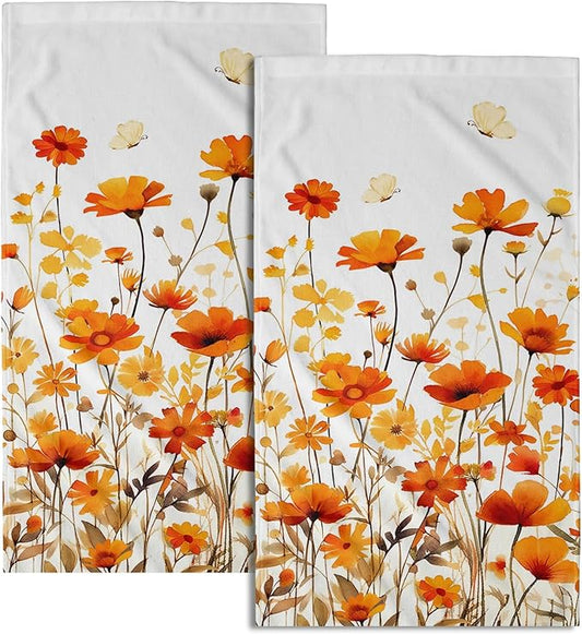 Fall Floral Hand Towels Set of 2, 28 x 14 Inch Autumn Orange Wildflowers Leaves Plant Bathroom Towel Soft Absorbent Kitchen Hotel Spa Gym Towel Thanksgiving Decor Gifts