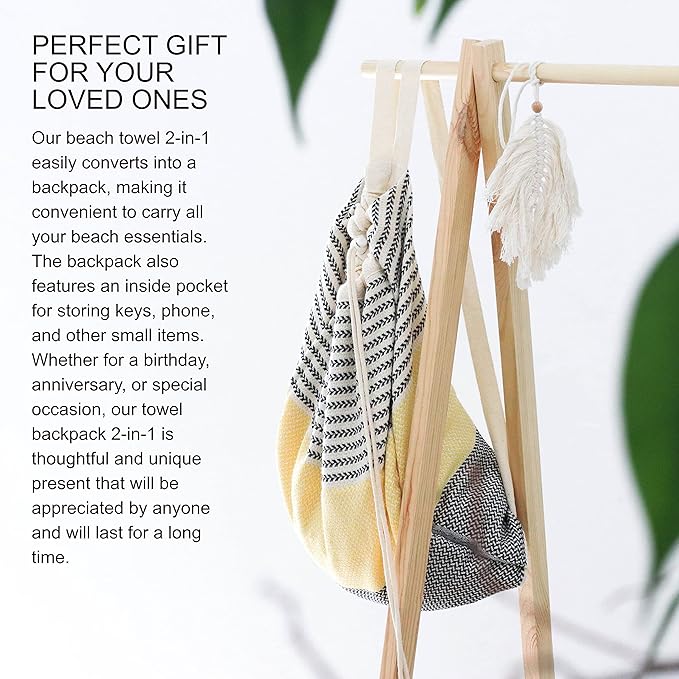 ATANI Turkish Beach Towel (71x39 Inches), Converts to a Bag, Oversized 100% Cotton Bath Towels Lightweight Quick-Dry Beach Blanket for Travel, Picnic, Camping, Yoga and Pool (Black x Yellow)