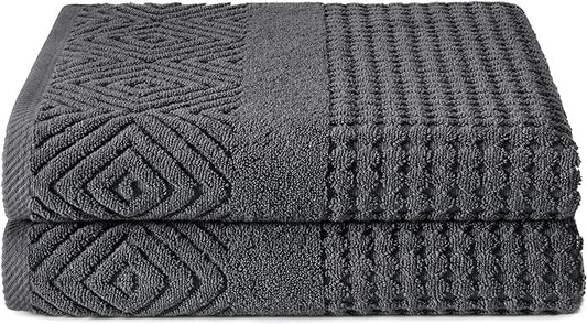 Texere 100% Organic Cotton Diamond Jacquard 700 GSM Luxury Bath Towel Sets - Ultra Soft and Absorbent Hotel and Spa Quality (Diamond, Charcoal, 2 Bath Towels)