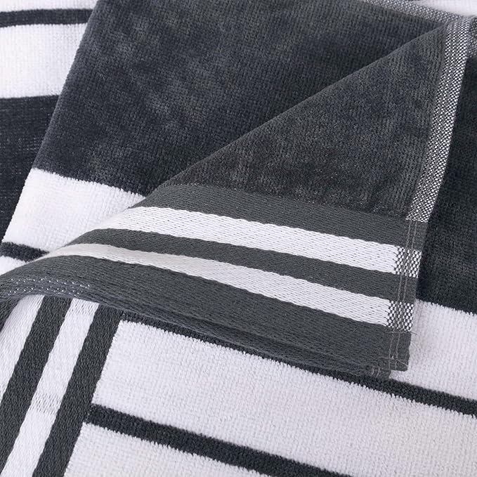 Superior Oversized Cotton Beach Towel Set of 2, Absorbent Towels For Bathroom, Beach, Pool, Swim, Adults, Kids, Vacation, Travel, Bath Sheet, Quick Dry Basics, Trip Essentials, Striped Decor, Charcoal