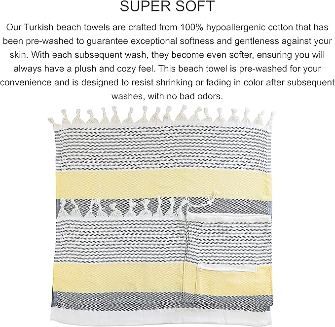 ATANI Turkish Beach Towel (71x39 Inches), Converts to a Bag, Oversized 100% Cotton Bath Towels Lightweight Quick-Dry Beach Blanket for Travel, Picnic, Camping, Yoga and Pool (Black x Yellow)
