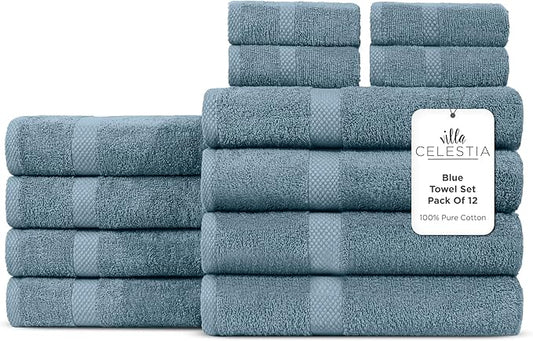 100% Cotton Bath Towel Set of 12-4 Bath Towels, 4 Hand Towels, 4 Wash Cloths, Sustainable, Soft, Highly Absorbent, Combed Cotton 12 Piece Set for Hotels, Spa, Bathroom, Dorm, Blue