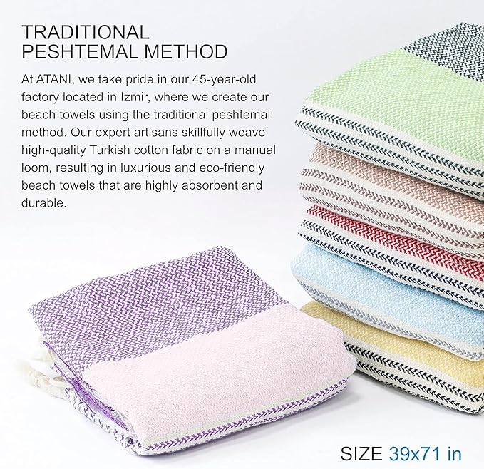 ATANI Turkish Beach Towel (71x39 Inches), Converts to a Bag, Oversized 100% Cotton Bath Towels Lightweight Quick-Dry Beach Blanket for Travel, Picnic, Camping, Yoga and Pool (Lavender)