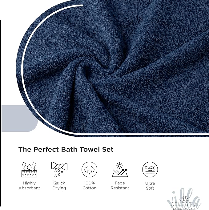 100% Cotton Bath Towel Set of 18-4 Bath Towels, 6 Hand Towels, 8 Wash Cloths, Sustainable, Soft, Highly Absorbent, Combed Cotton 18 Piece Set for Hotels, Spa, Bathroom, Dorm, Navy Blue